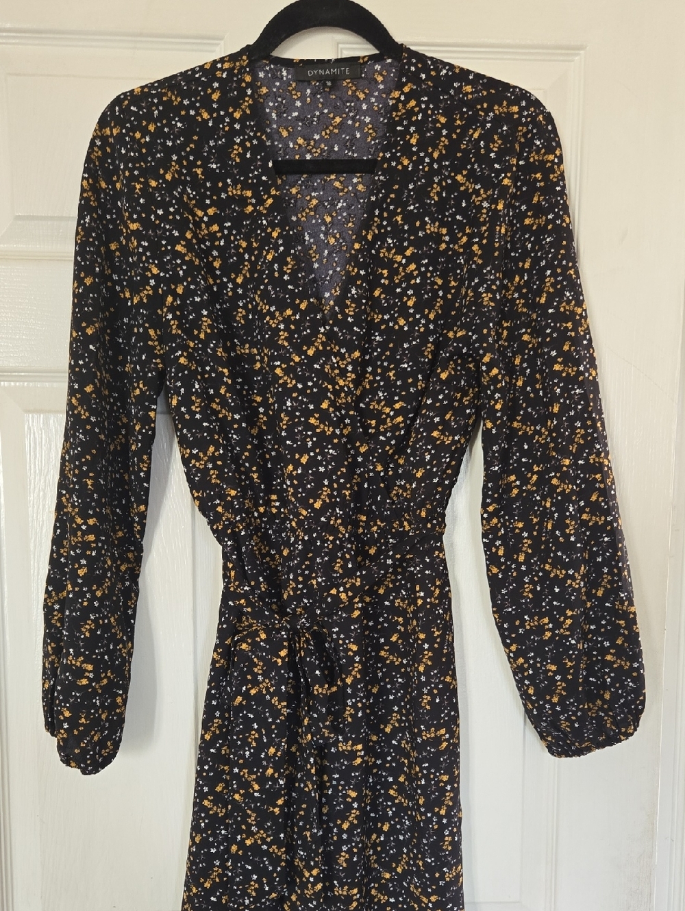 Dynamite Black Long-Sleeve Floral Wrap Dress with Yellow & White Print